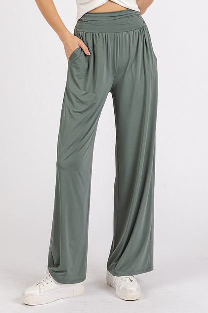 Mittoshop Stretch Banded Waist Wide Leg Pants with Pockets