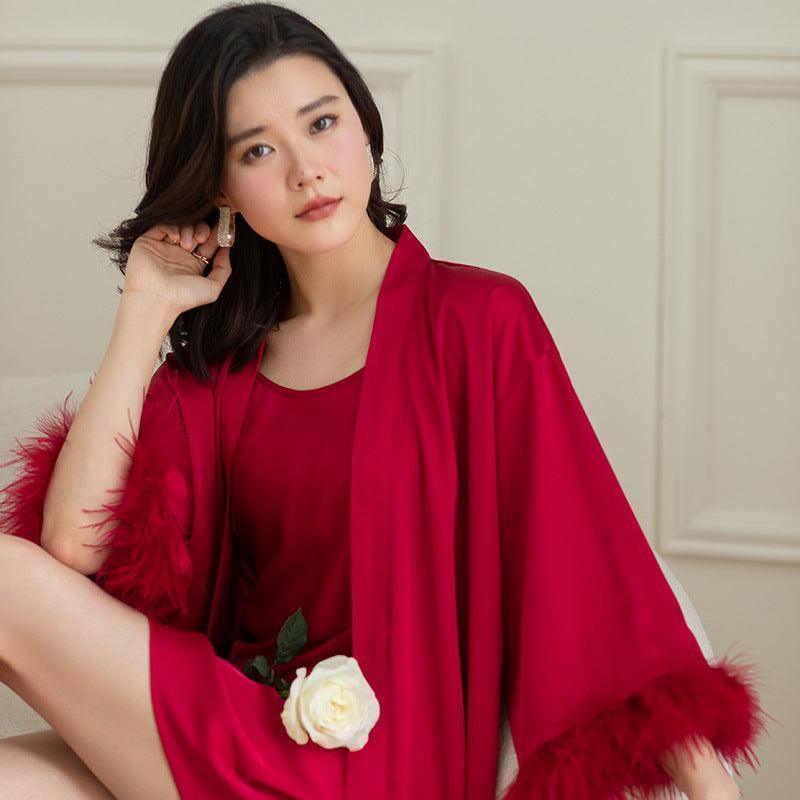 Women's Ice Silk Feather Pajamas Two Piece Set