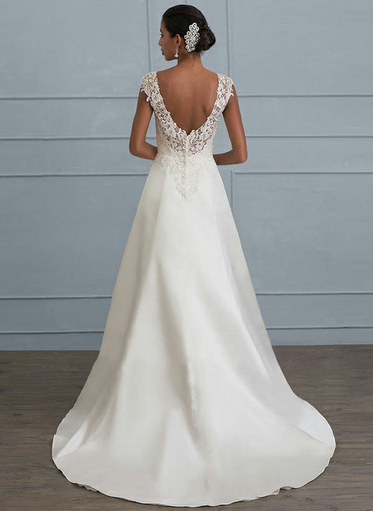 One-shoulder V-neck fishtail lace trailing wedding dress