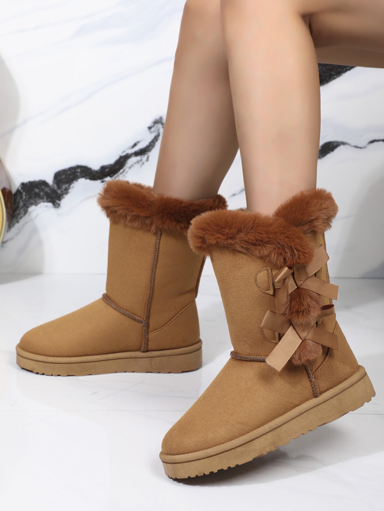 Bow Thermal Faux Fur Suede Boots