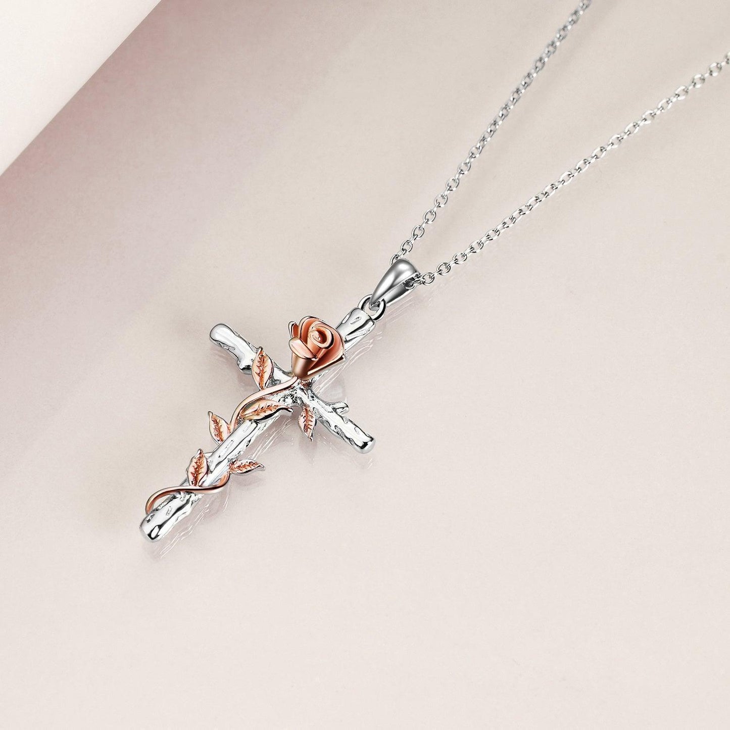 Sterling Silver Rose Gold Plated Religious Cross Pendant Necklace with Rose Flower Jewelry