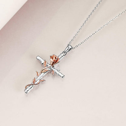 Sterling Silver Rose Gold Plated Religious Cross Pendant Necklace with Rose Flower Jewelry