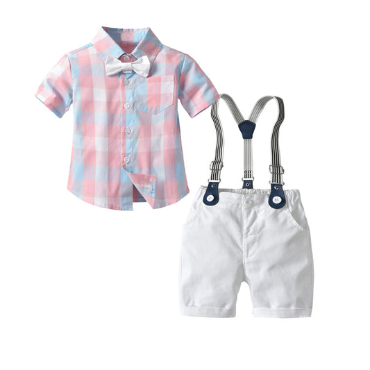 Boy Gentleman Short-Sleeved Plaid Shirt Overalls