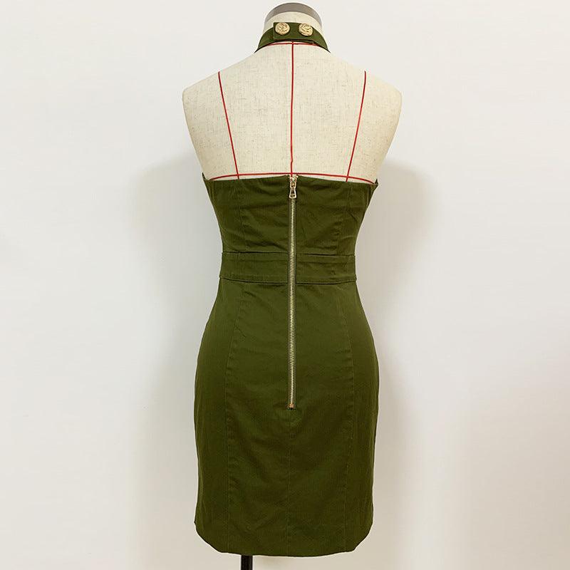 Women Lion Buttons Chain Green Cotton Backless Halter Dress