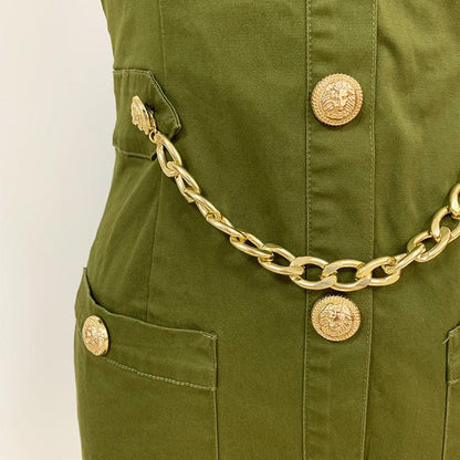 Women Lion Buttons Chain Green Cotton Backless Halter Dress