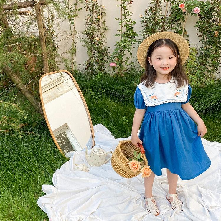 Washed Cotton Navy Embroidered Floral Lapel Short Sleeve Dress