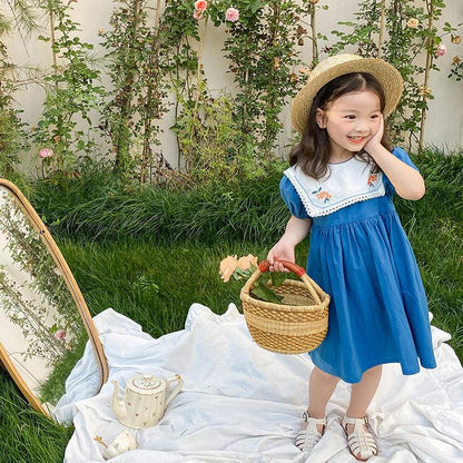 Washed Cotton Navy Embroidered Floral Lapel Short Sleeve Dress