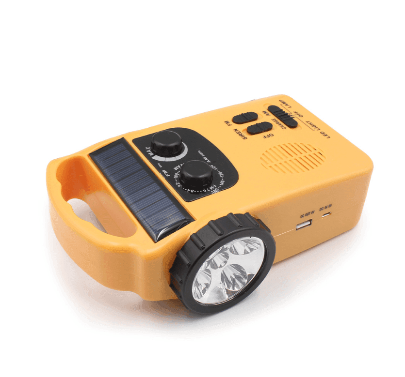 Hand-cranked radio emergency light