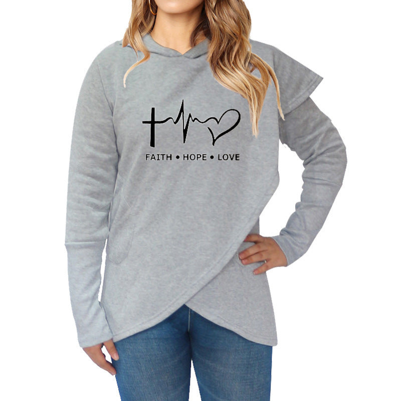 Autumn Winter Women Hoodies Sweatshirts Casual Plus Size Faith Printed Hooded Sweatshirt