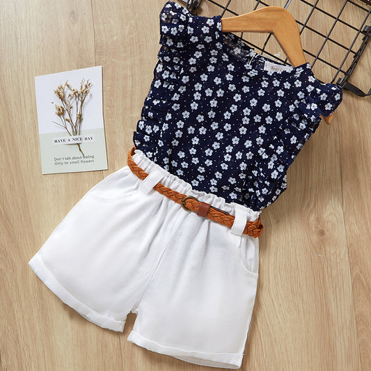 Girls fashionable short sleeve + shorts two-piece suit