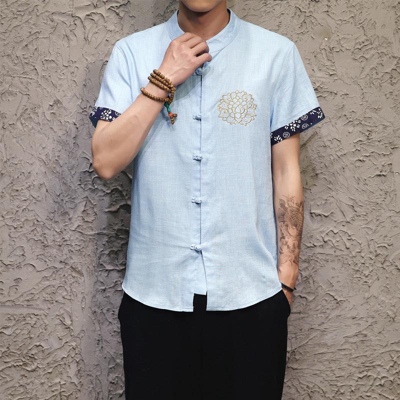 2021 new men's cotton and linen short-sleeved shirt Buddha Chinese style linen shirt delicate embroidery buckle large size male