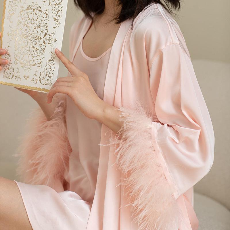 Women's Ice Silk Feather Pajamas Two Piece Set