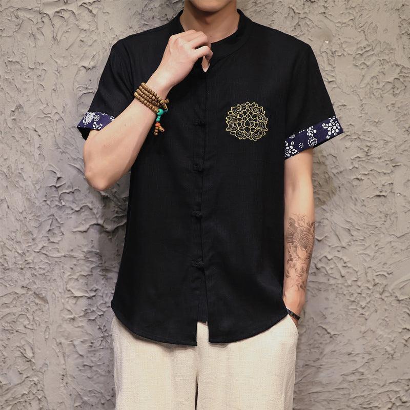 2021 new men's cotton and linen short-sleeved shirt Buddha Chinese style linen shirt delicate embroidery buckle large size male