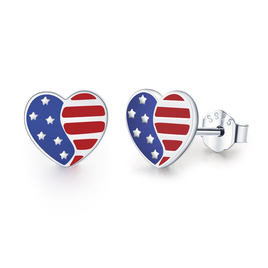 Sterling Silver USA American Flag Patriotic Red White Blue Heart Stud Earrings Independence Day Jewelry