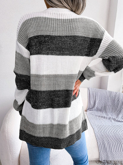Plaid Sweater Women Casual Lantern Sleeves Cardigan Jacket Outerwear