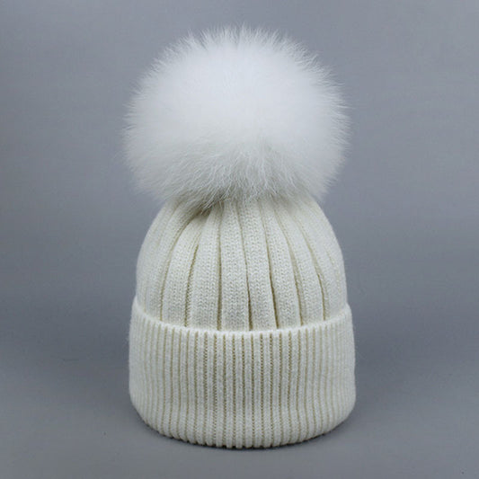 Fox Fur Warm Winter Hat With Ball For Women Child Girl Wool Thick Knitted