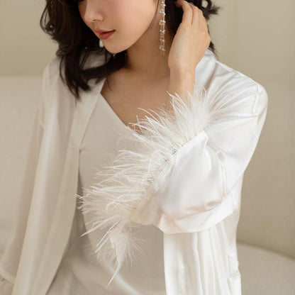 Women's Ice Silk Feather Pajamas Two Piece Set