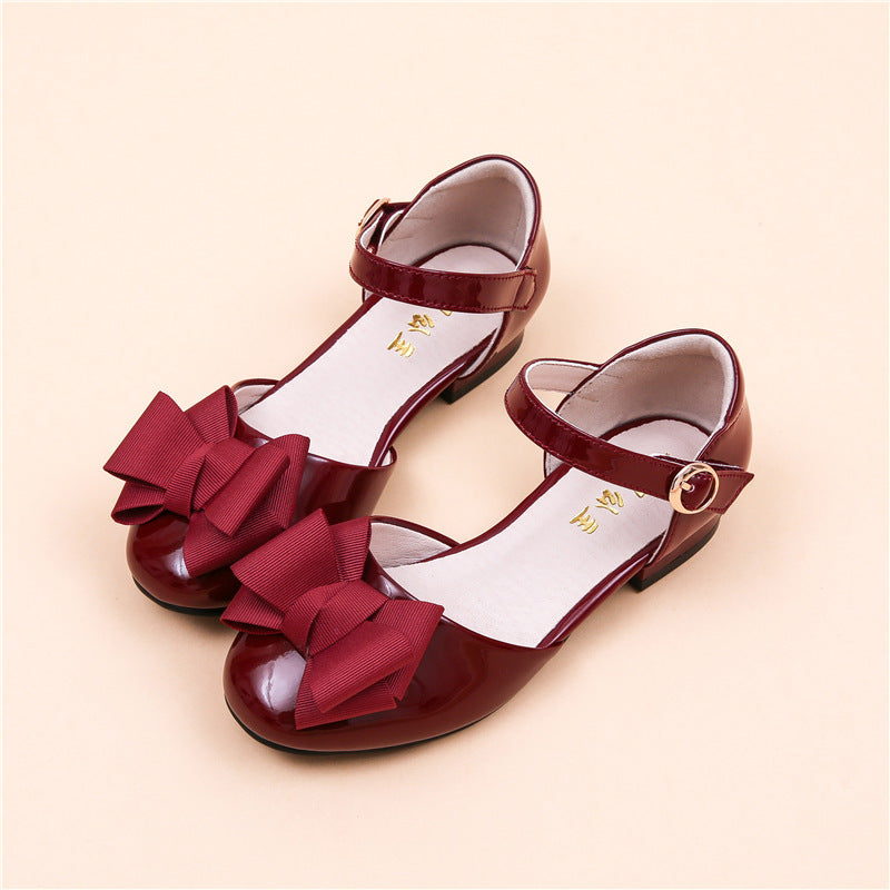 Big Kids' Hollow Velcro Patent Leather Shoes With Bow