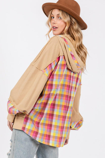 SAGE + FIG Full Size Plaid Print Washed Hoodie