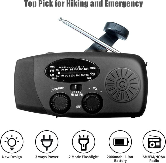 Emergency Solar Hand Crank Weather Radio With LED Flashlight 2000mAh Solar Power Bank Cell Phone Charger For Home And Outdoor