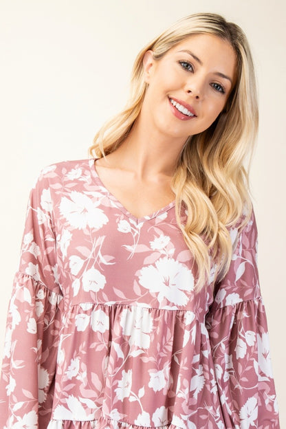 Celeste Full Size Tiered Floral V-Neck Long Sleeve Blouse