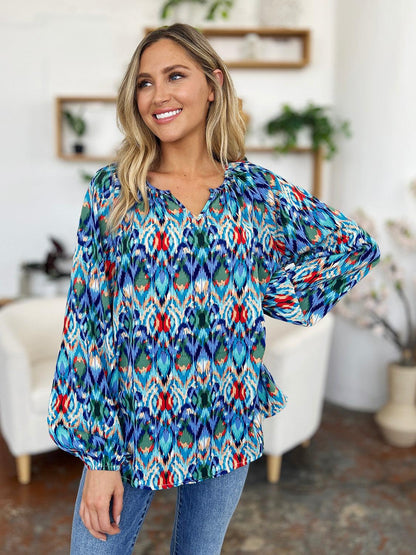 Double Take Full Size Printed Balloon Sleeve Blouse