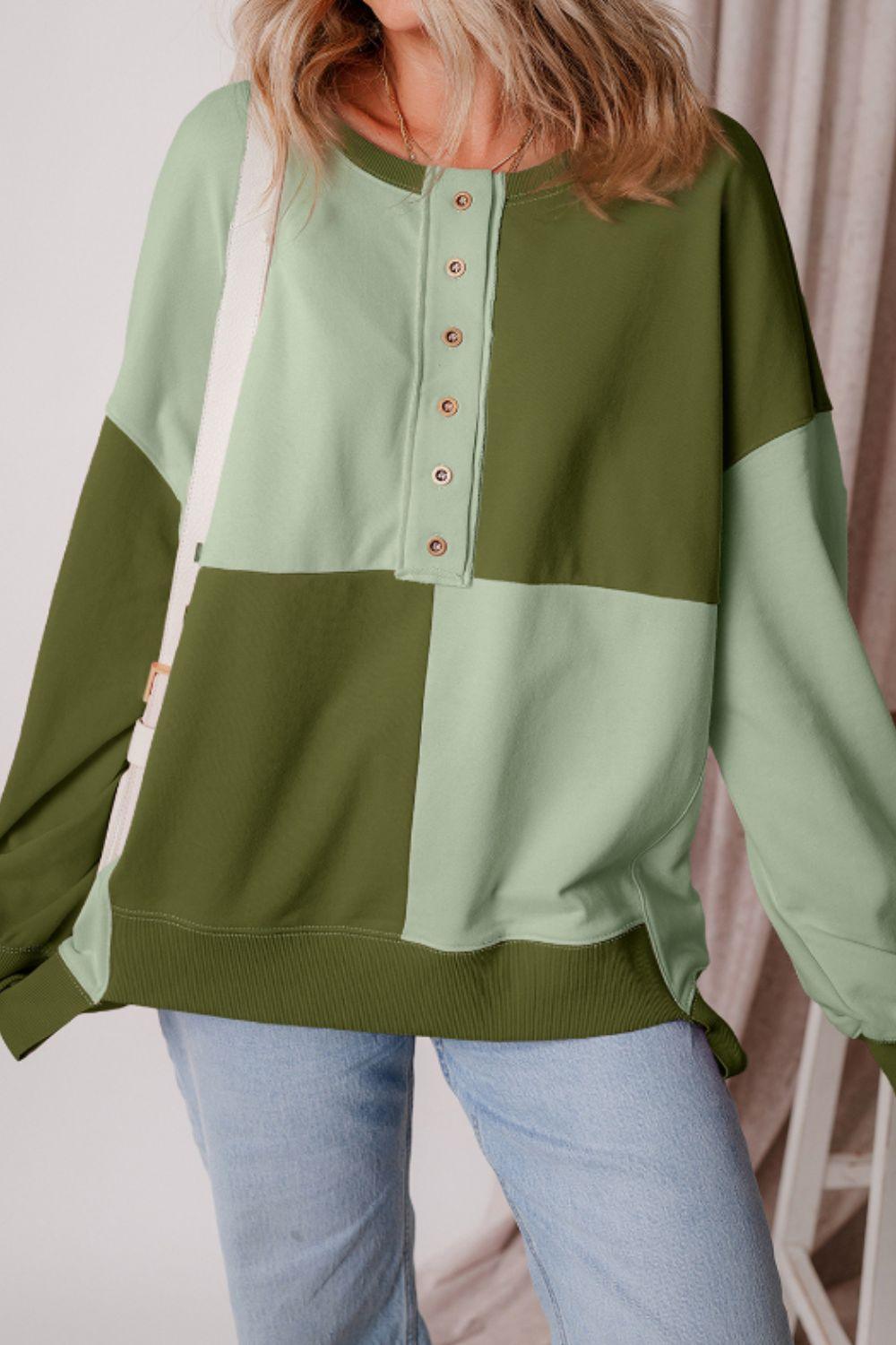 Color Block Half Button Long Sleeve Sweatshirt