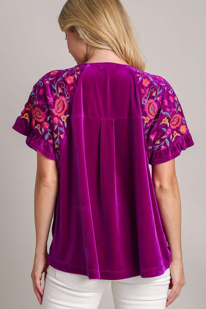 Umgee Full Size Velvet Embroidery Short Sleeve Blouse