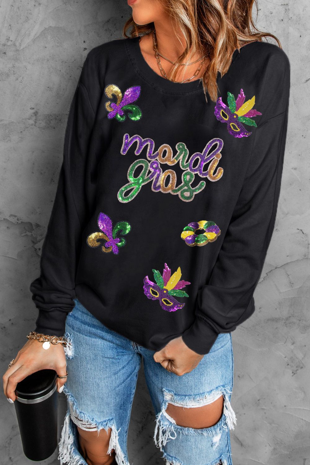 MARDI GRAS Sequin Round Neck Sweatshirt