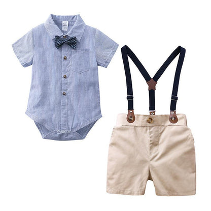 Boy Gentleman Short-Sleeved Plaid Shirt Overalls