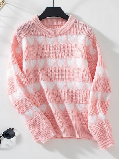 Heart Round Neck Dropped Shoulder Sweater