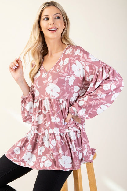 Celeste Full Size Tiered Floral V-Neck Long Sleeve Blouse