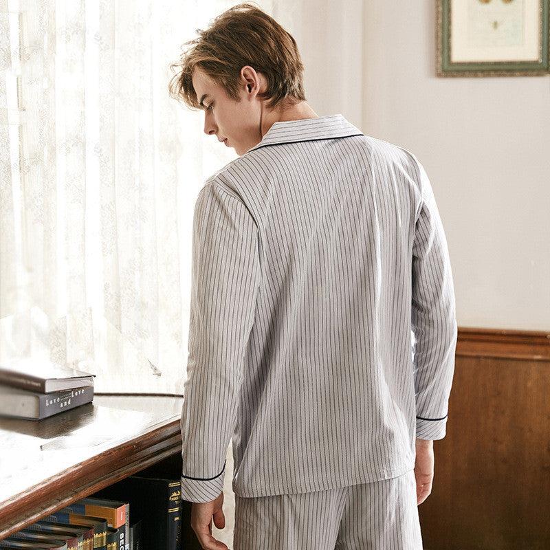 Men's Vertical Stripe Cotton Large Size Lapel Cardigan Long Sleeve Pajamas