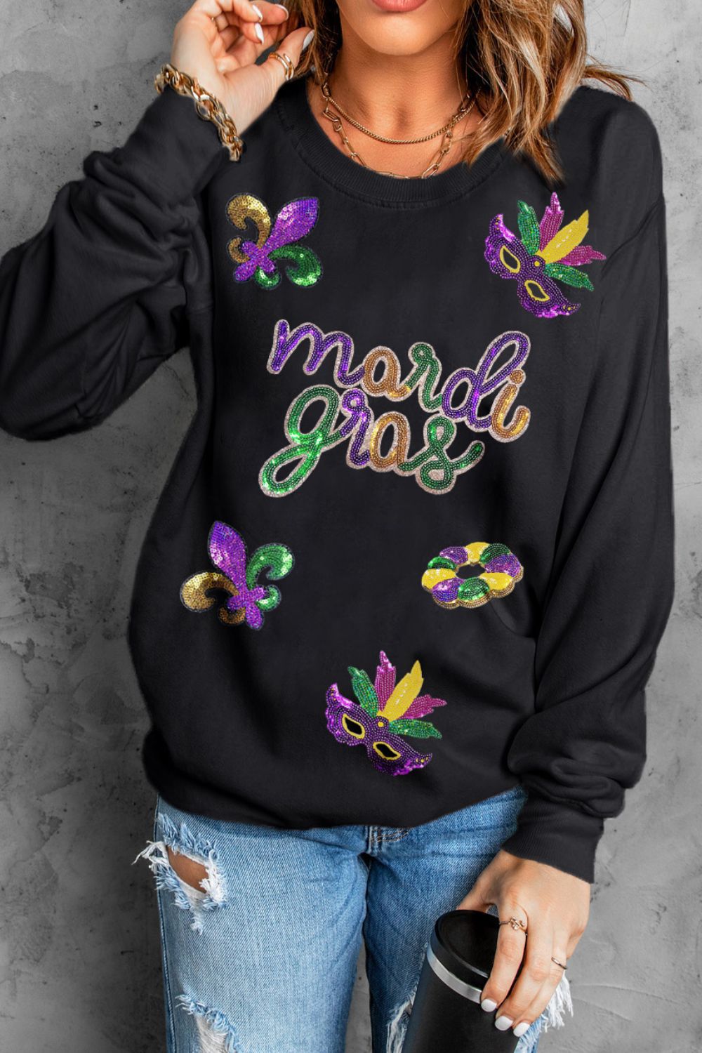 MARDI GRAS Sequin Round Neck Sweatshirt