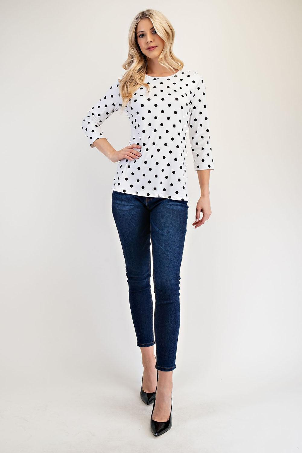 Celeste Full Size Polka Dot Round Neck Three-Quarter Sleeve T-Shirt