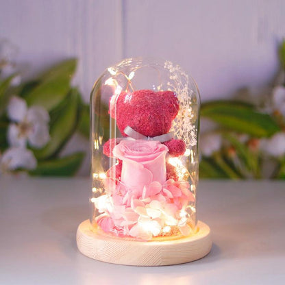 Valentine's Day Gift For Girlfriend Eternal Preserved Rose Flower Gift Box Teddy Bear Eternal Flower With Lights Gift For Women Home Decor