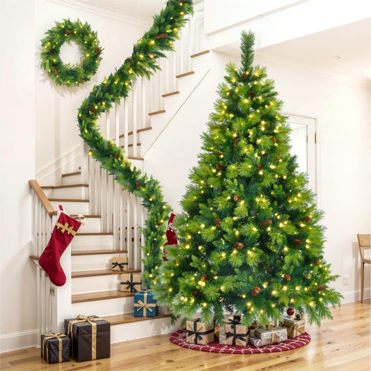 6 Feet Long Grass Green Christmas Tree, Big Branch Pine Tree, Pre-Installed Lighting Set With Tree & Garland & Garland, Artificial Christmas With Pine Cone, Articulated Christmas Tree For Holiday Part