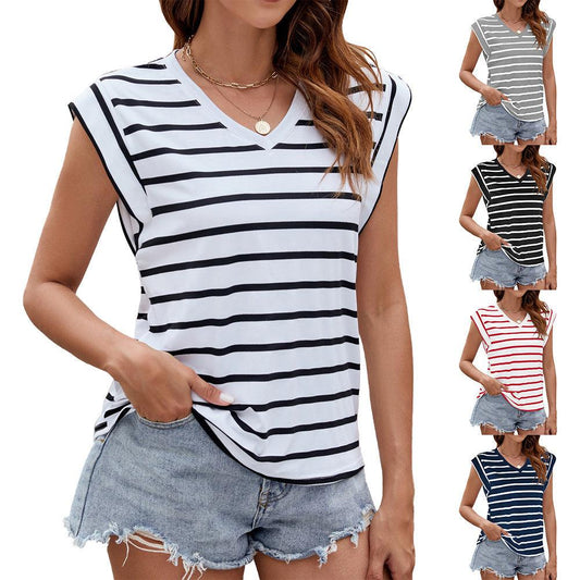 Fashion Stripe Print V-neck Short-sleeved T-Shirt Summer Loose Tank Top Womens Clothing