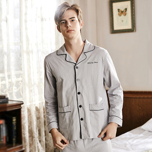 Men's Vertical Stripe Cotton Large Size Lapel Cardigan Long Sleeve Pajamas