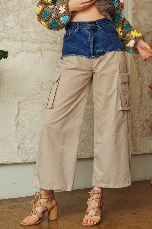 Davi & Dani Denim Patchwork Wide Leg Pants with Cargo Pockets