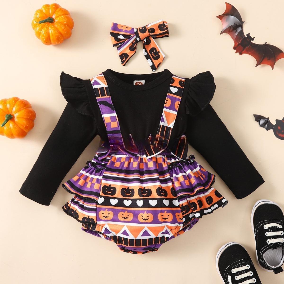 Halloween Flounced Sleeve Fake Two-piece Round Neck Long-sleeved Triangle Romper