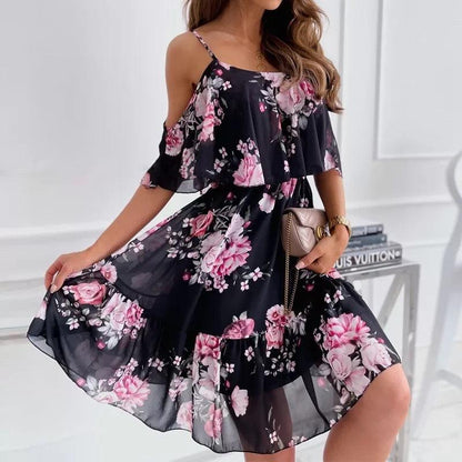 Flower Printed Ruffled Suspender Dress Summer Off-the-shoulder Strap Dresses Women