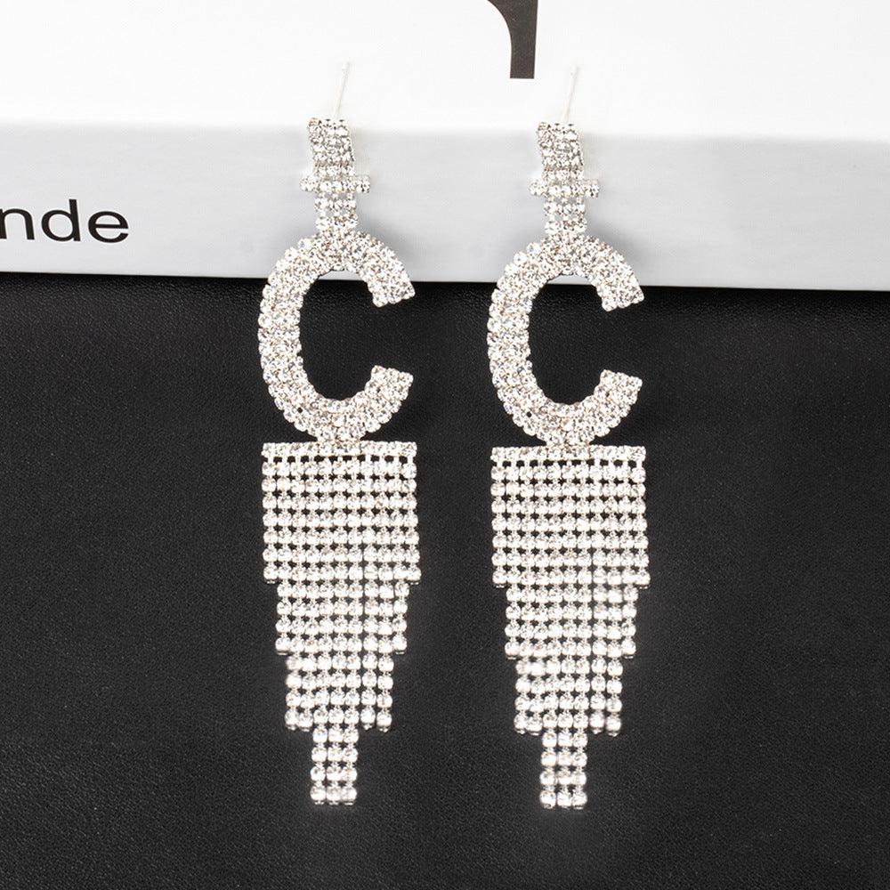 Fashion Jewelry 925 Silver Needle Ornaments Rhinestone Letter B Earrings Banquet Tassel Ear Ornaments Female