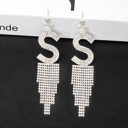 Fashion Jewelry 925 Silver Needle Ornaments Rhinestone Letter B Earrings Banquet Tassel Ear Ornaments Female